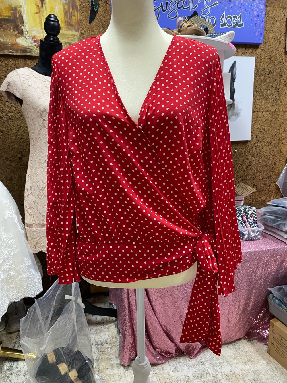New York and Company Polka Dot Wrap Blouse, pleated sleeves, size L